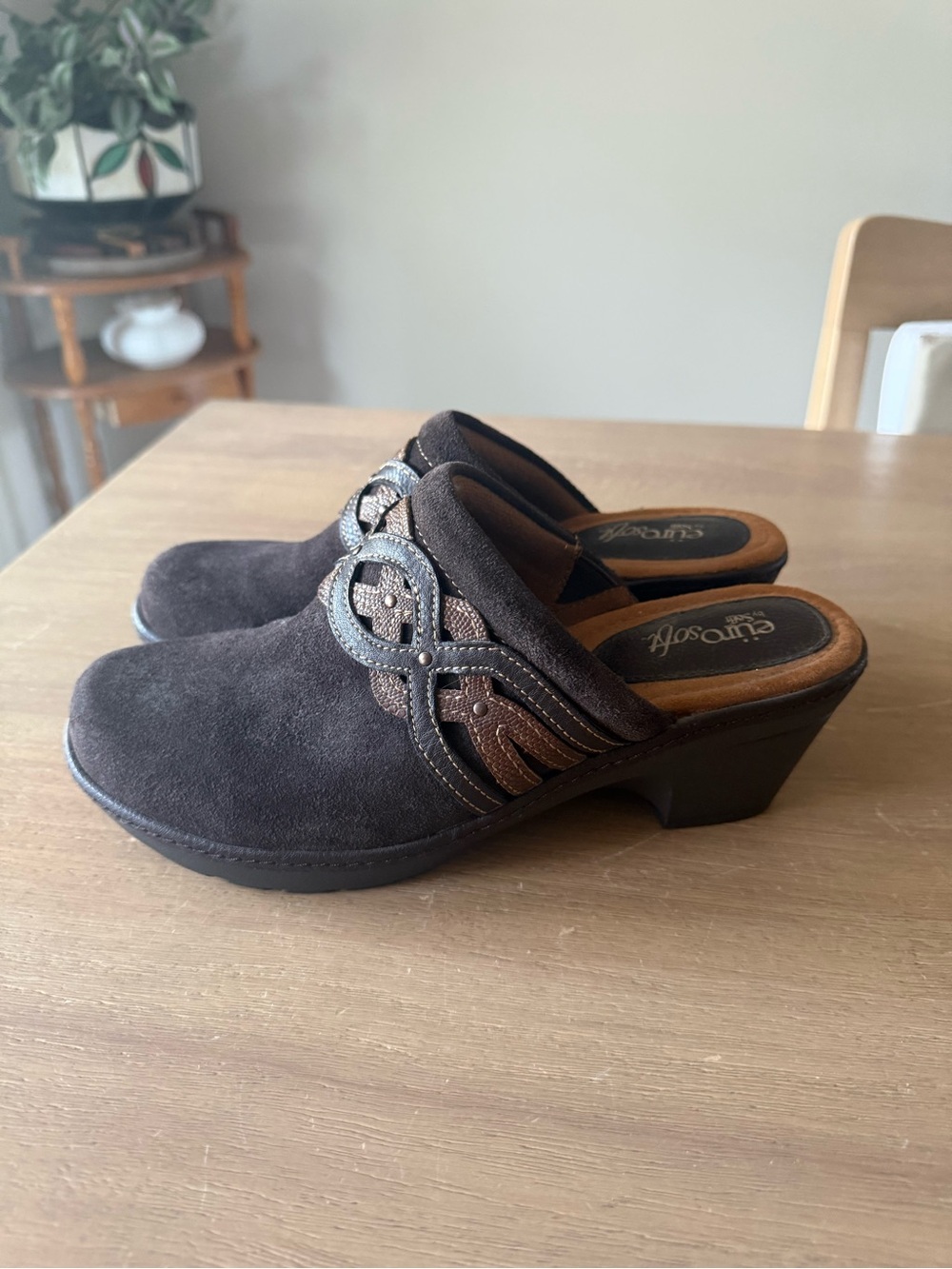 EuroSoft Brown Suede Clog Mules with Decorative Accent